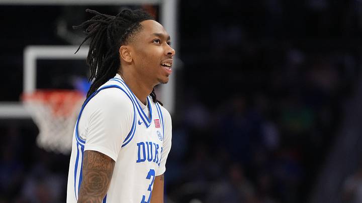 Mar 14, 2026; Charlotte, NC, USA; Duke Blue Devils guard Isaiah Evans (3) reacts in the first half during the men's ACC Conference Tournament Championship.