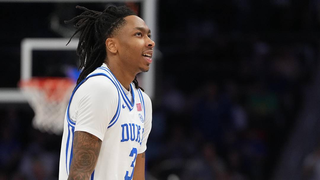 Duke Blue Devils guard Isaiah Evans (3) reacts in the first half during the men's ACC Conference Tournament Championship at Spectrum Center.