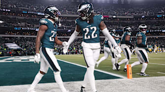 Jan 12, 2025; Philadelphia, Pennsylvania, USA; Philadelphia Eagles cornerback Quinyon Mitchell (27) reacts after an interception in the fourth quarter against the Green Bay Packers in an NFC wild card game at Lincoln Financial Field. Mandatory Credit: Bill Streicher-Imagn Images