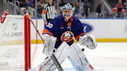 Feb 23, 2025; Elmont, New York, USA; New York Islanders goaltender Ilya Sorokin (30) tends net against the Dallas Stars during the third period at UBS Arena. Mandatory Credit: Brad Penner-Imagn Images