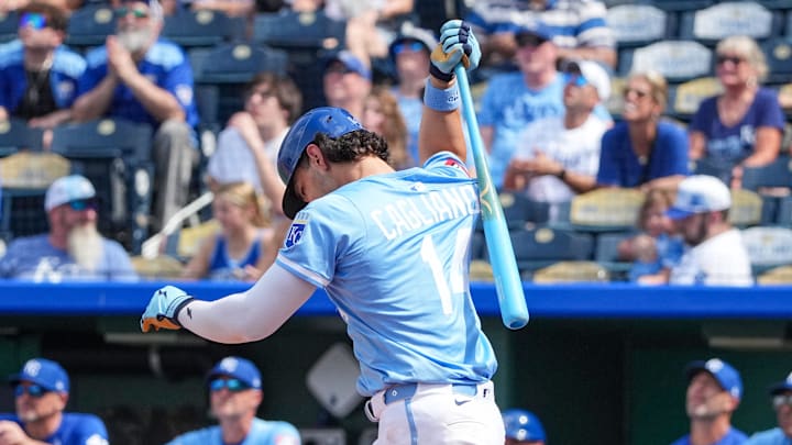 Kansas City Royals right fielder Jac Caglianone (14) slamss his bat after hitting a pop up against the Athletics at Kauffman Stadium. Kansas City Royals right fielder Jac Caglianone (14) slamss his bat after hitting a pop up against the Athletics at Kauffman Stadium.
