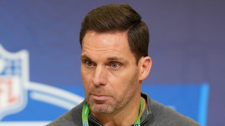 Feb 24, 2026; Indianapolis, IN, USA; Carolina Panthers general manager Dan Morgan speaks at the NFL Scouting Combine at the Indiana Convention Center. Mandatory Credit: Kirby Lee-Imagn Images