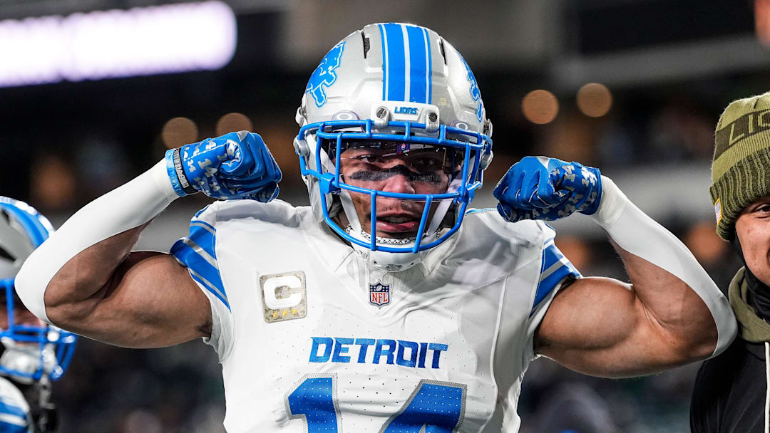 Detroit Lions wide receiver Amon-Ra St. Brown (14) poses for a photo at warmup ahead of the Philadelphia Eagles game at Lincoln Financial Field in Philadelphia on Sunday, November 16, 2025.