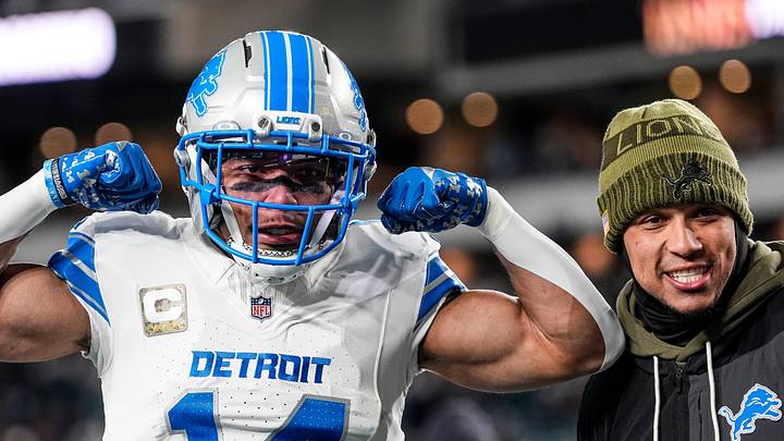 Detroit Lions wide receiver Amon-Ra St. Brown (14) poses for a photo at warmup ahead of the Philadelphia Eagles game at Lincoln Financial Field in Philadelphia on Sunday, November 16, 2025.