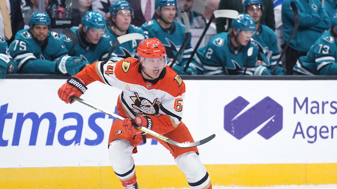 Oct 11, 2025; San Jose, California, USA; Anaheim Ducks center Mikael Granlund (64) during the first period against the San Jose Sharks at SAP Center at San Jose. Mandatory Credit: Darren Yamashita-Imagn Images