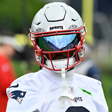 Jun 9, 2025; Foxborough, MA, USA; New England Patriots wide receiver Stefon Diggs (8) warms up during minicamp at Gillette Stadium. Mandatory Credit: Eric Canha-Imagn Images