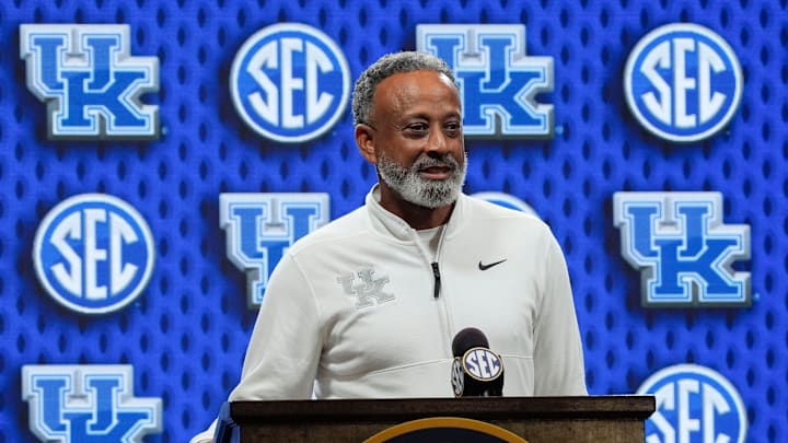 Oct 14, 2025; Birmingham, Alabama, USA; Kentucky women’s head coach Kenny Brooks speaks at SEC Media Day in the Grand Bohemian Hotel.