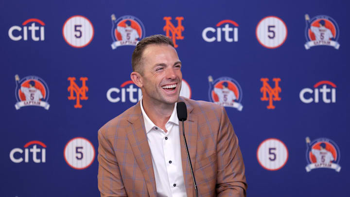 Jul 19, 2025; New York City, New York, USA; New York Mets former third baseman David Wright speaks during a press conference before having his number retired by the Mets before a game against the Cincinnati Reds at Citi Field. Mandatory Credit: Brad Penner-Imagn Images