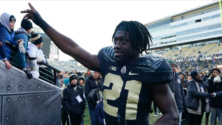 Nov 25, 2023; West Lafayette, Indiana, USA;  Purdue Boilermakers defensive back Sanoussi Kane (21) celebrates after the game at Ross-Ade Stadium. Mandatory Credit: Robert Goddin-USA TODAY Sports