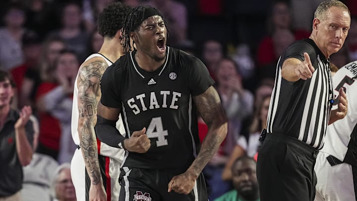 Feb 8, 2025; Athens, Georgia, USA; Mississippi State Bulldogs forward Cameron Matthews (4) reacts after a foul call during the game against the Georgia Bulldogs during the second half at Stegeman Coliseum. Mandatory Credit: Dale Zanine-Imagn Images