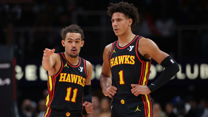 Trae Young #11 and Jalen Johnson #1 of the Atlanta Hawks