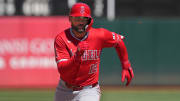 Jul 21, 2024; Oakland, California, USA; Los Angeles Angels center fielder Kevin Pillar (12) runs to third base during the eighth inning against the Oakland Athletics at Oakland-Alameda County Coliseum.