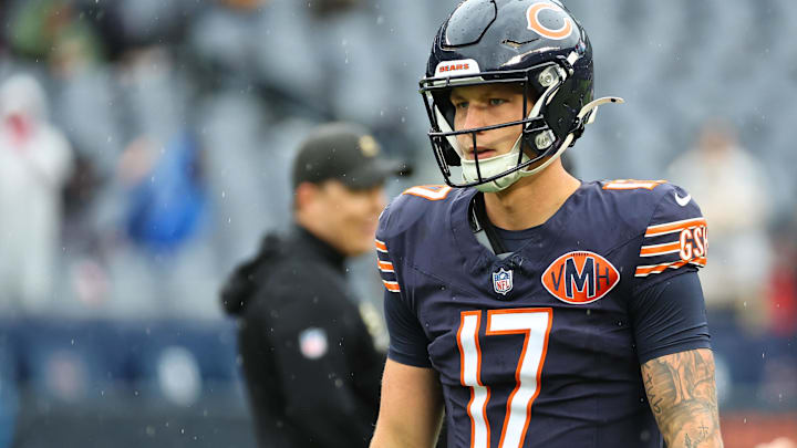 Oct 19, 2025; Chicago, Illinois, USA; Chicago Bears quarterback Tyson Bagent (17) practices against the New Orleans Saints before the game at Soldier Field. Mandatory Credit: Mike Dinovo-Imagn Images