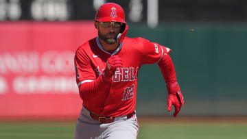 Jul 21, 2024; Oakland, California, USA; Los Angeles Angels center fielder Kevin Pillar (12) runs to third base during the eighth inning against the Oakland Athletics at Oakland-Alameda County Coliseum.
