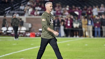 Nov 15, 2025; Tallahassee, Florida, USA; Florida State Seminoles head coach Mike Norvell before the game against the Virginia Tech Hokies at Doak S. Campbell Stadium. Mandatory Credit: Melina Myers-Imagn Images