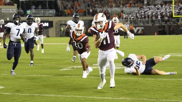 Sep 2, 2023; Blacksburg, Virginia, The Wisconsin Badgers are reportedly pursuing Virginia Tech wide receiver Tucker Holloway (11) in the transfer portal after the Hokies fired head coach Brent Pry.
