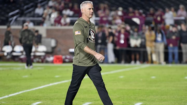 Nov 15, 2025; Tallahassee, Florida, USA; Florida State Seminoles head coach Mike Norvell before the game against the Virginia Tech Hokies at Doak S. Campbell Stadium. Mandatory Credit: Melina Myers-Imagn Images