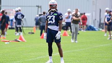 Jun 12, 2023; Foxborough, MA, USA; New England Patriots safety Kyle Dugger (23) works out at the Patriots minicamp at Gillette Stadium.  Mandatory Credit: Eric Canha-Imagn Images