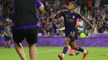 Nov 9, 2024; Orlando, Florida, USA; Orlando City defender Rafael Santos (3) celebrates scoring during a round of penalty kicks against the Charlotte FC in a 2024 MLS Cup Playoffs Round One match at Inter&Co Stadium. Mandatory Credit: Kim Klement Neitzel-Imagn Images