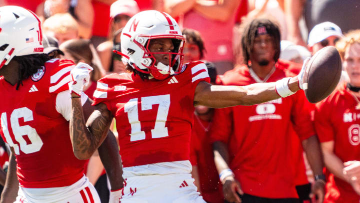 Aug 31, 2024; Lincoln, Nebraska, USA; Nebraska Cornhuskers wide receiver Jacory Barney Jr (17) celebrates after a pass against the UTEP Miners during the first quarter at Memorial Stadium.