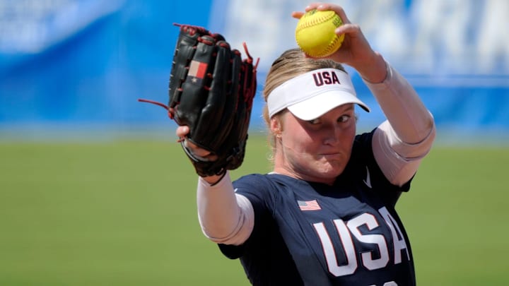 Kelly Maxwell, 2024 Oklahoma softball graduate and member of the USA Softball Women's National Team, pitches during a game between the USA Softball Women's Elite Team and Great Britain at Devon Park on June 29, 2024 in Oklahoma City.