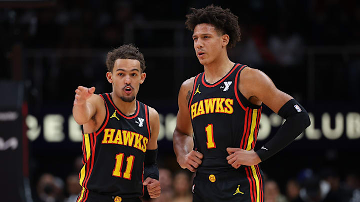 Trae Young #11 and Jalen Johnson #1 of the Atlanta Hawks