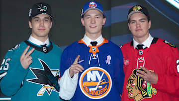 Jun 27, 2025; Los Angeles, California, USA; From left, Michael Misa, Matthew Schaefer and Anton Frondell pose for a photo after being drafted second, first and third in the first round of the 2025 NHL Draft at Peacock Theater. Mandatory Credit: Kirby Lee-Imagn Images