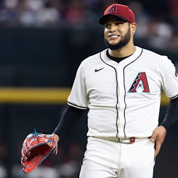 Jul 22, 2025; Phoenix, Arizona, USA; Arizona Diamondbacks pitcher Eduardo Rodriguez in the fourth inning against the Houston Astros at Chase Field. Mandatory Credit: Mark J. Rebilas-Imagn Images