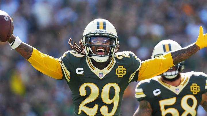 Green Bay Packers safety Xavier McKinney (29) celebrates an interception during a game against the Chicago Bears on Oct. 11, 2026, at Lambeau Field in Green Bay, Wis. The Packers defeated the Bears 31-7.