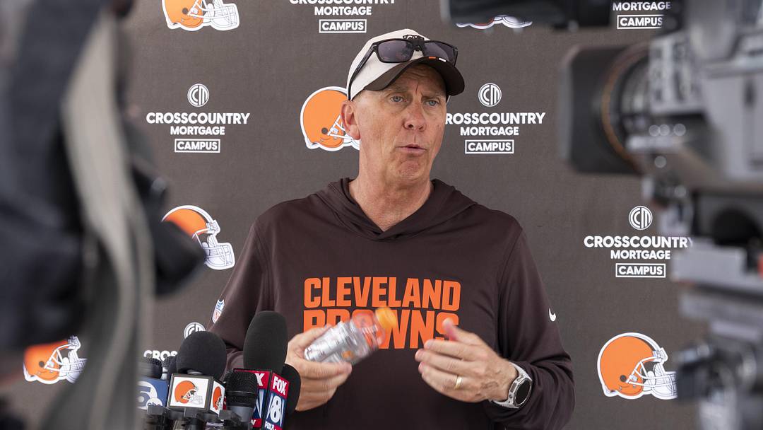 Jun 9, 2026; Berea, OH, USA; Cleveland Browns head coach Todd Monken gives a post practice media interview during mandatory mini camp at Cross Country Mortgage Campus. Mandatory Credit: Scott Galvin-Imagn Images