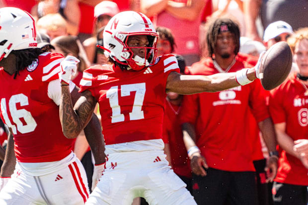 Nebraska Cornhuskers wide receiver Jacory Barney Jr (17) celebrates after a pass against the UTEP Miners during the first qua