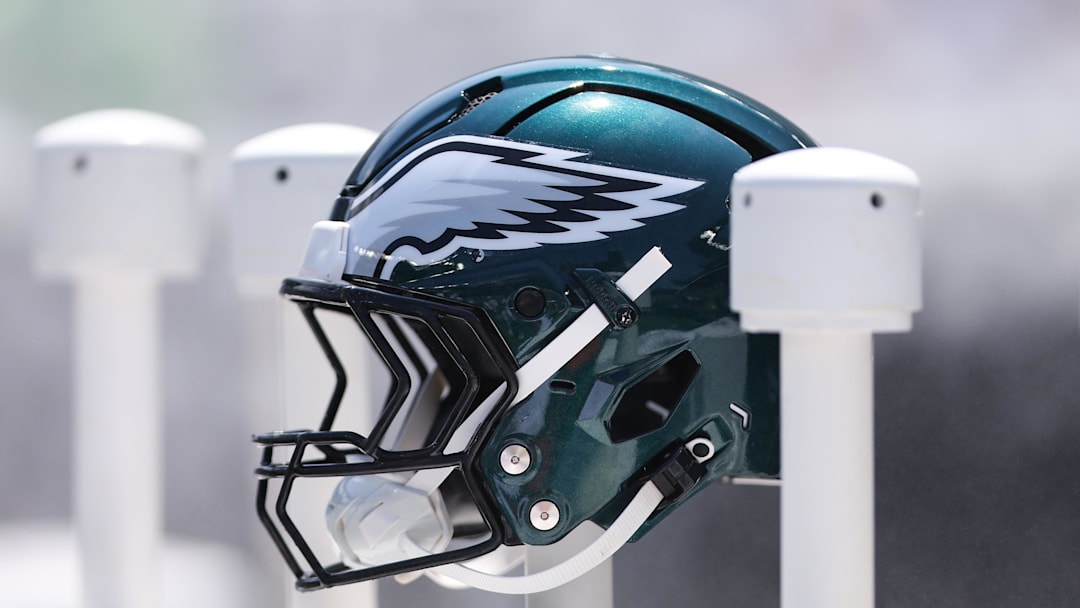 Aug 16, 2025; Philadelphia, Pennsylvania, USA; Philadelphia Eagles helmet on the bench during a game against the Cleveland Browns at Lincoln Financial Field. Mandatory Credit: Bill Streicher-Imagn Images