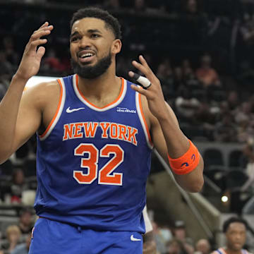 Mar 19, 2025; San Antonio, Texas, USA; New York Knicks forward Karl-Anthony Towns (32) reacts during the second half against the San Antonio Spurs at Frost Bank Center. Mandatory Credit: Scott Wachter-Imagn Images