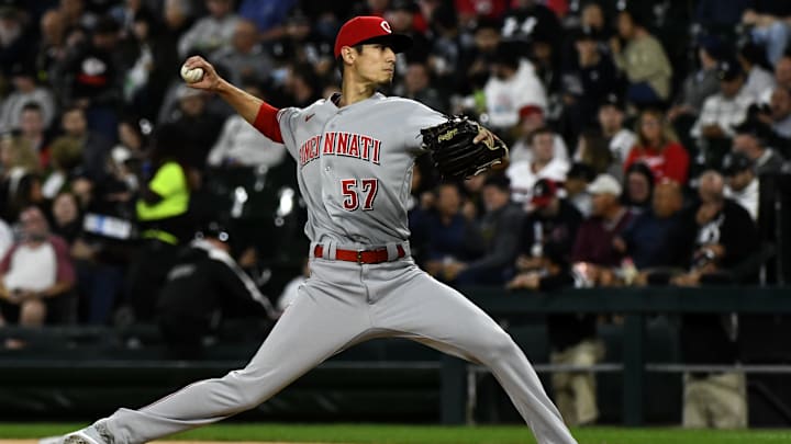 Cincinnati Reds starting pitcher Riley O'Brien (57) delivers a pitch.