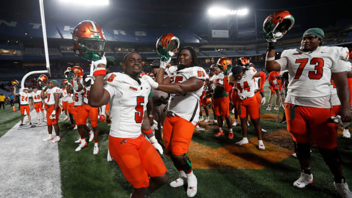 Florida A&M celebrates after winning the Cricket MEAC-SWAC Challenge NCAA college football game against Norfolk State in Atlanta on Saturday, Aug. 24, 2024. Florida A&M won 24-23.