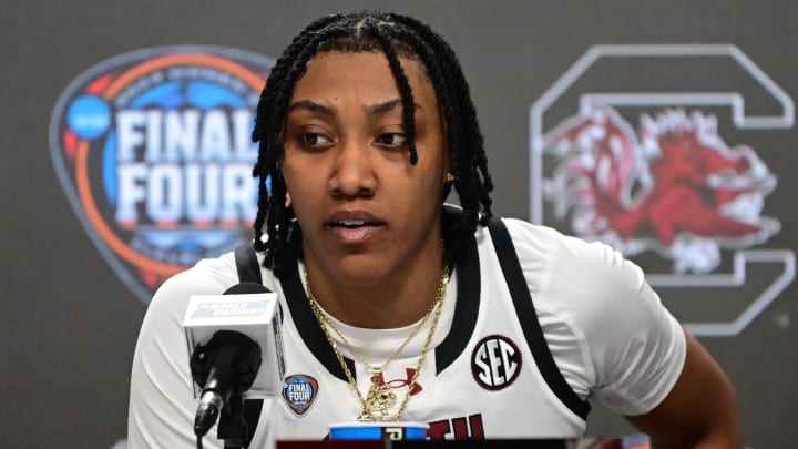 Apr 5, 2024; Cleveland, OH, USA; South Carolina Gamecocks forward Ashlyn Watkins (2) talks to the media after defeating the NC State Wolfpack in the semifinals of the Final Four of the womens 2024 NCAA Tournament at Rocket Mortgage FieldHouse. Mandatory Credit: Ken Blaze-USA TODAY Sports