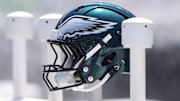 Aug 16, 2025; Philadelphia, Pennsylvania, USA; Philadelphia Eagles helmet on the bench during a game against the Cleveland Browns at Lincoln Financial Field. Mandatory Credit: Bill Streicher-Imagn Images