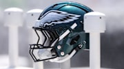 Aug 16, 2025; Philadelphia, Pennsylvania, USA; Philadelphia Eagles helmet on the bench during a game against the Cleveland Browns at Lincoln Financial Field. Mandatory Credit: Bill Streicher-Imagn Images
