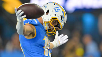Nov 9, 2025; Inglewood, California, USA; Los Angeles Chargers wide receiver Ladd McConkey (15) celebrates after scoring a touchdown against the Pittsburgh Steelers during the second quarter of the game at SoFi Stadium. 
