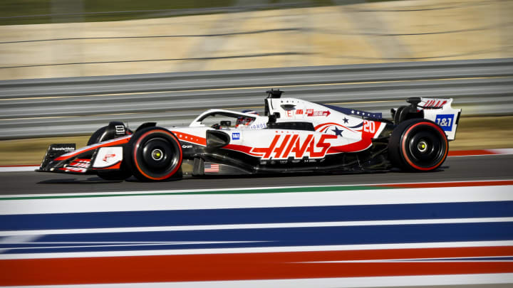 Oct 22, 2022; Austin, Texas, USA; Haas F1 Team driver Kevin Magnussen (20) of Team Denmark drives during qualifying for the U.S. Grand Prix at Circuit of the Americas. Mandatory Credit: Jerome Miron-USA TODAY Sports