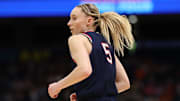 Apr 4, 2025; Tampa, FL, USA;  Connecticut Huskies guard Paige Bueckers (5) reacts during the third quarter in a semifinal of the women's 2025 NCAA tournament against the UCLA Bruins at Amalie Arena. Mandatory Credit: Nathan Ray Seebeck-Imagn Images