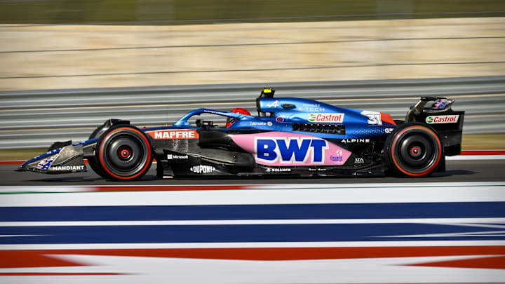 Oct 22, 2022; Austin, Texas, USA; BWT Alpine F1 Team driver Esteban Ocon (31) of Team France drives during qualifying for the U.S. Grand Prix at Circuit of the Americas. Mandatory Credit: Jerome Miron-Imagn Images