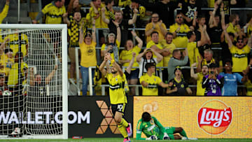 Aug 21, 2024; Columbus, Ohio, USA; Columbus Crew forward Diego Rossi (10) celebrates after scoring a goal against Philadelphia Union goalkeeper Andre Blake (18) during the first half in a Leagues Cup semifinal match at Lower.com Field. Mandatory Credit: Trevor Ruszkowski-USA TODAY Sports