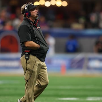 Aug 31, 2024; Atlanta, Georgia, USA; Georgia Bulldogs head coach Kirby Smart on the field against the Clemson Tigers in the first quarter at Mercedes-Benz Stadium. Mandatory Credit: Brett Davis-Imagn Images
