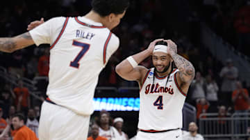 Mar 21, 2025; Milwaukee, WI, USA; Illinois guard Kylan Boswell (4) reacts to the three point play by Illinois forward Will Riley (7) during the second half of their first round NCAA men’ s basketball tournament game against Xavier at Fiserv Forum. Mandatory Credit: Jovanny Hernandez/USA Today Network via Imagn Images
