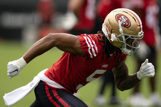 San Francisco 49ers wide receiver Demarcus Robinson (5) runs a pass route during the second day of training camp.
