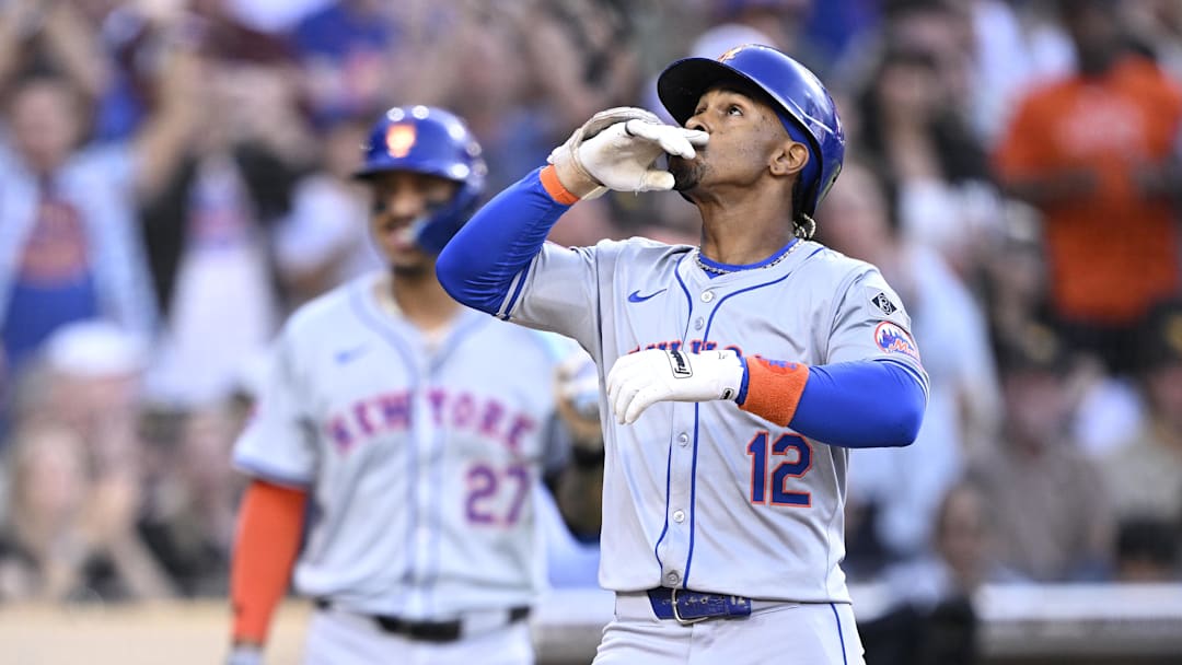 Aug 24, 2024; San Diego, California, USA; New York Mets shortstop Francisco Lindor celebrates after hitting a grand slam. Aug 24, 2024; San Diego, California, USA; New York Mets shortstop Francisco Lindor celebrates after hitting a grand slam.
