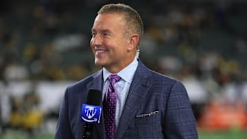 Amazon Prime Thursday Night Football game analyst Kirk Herbstreit stands on the field during halftime of the game between the Pittsburgh Steelers and the Cincinnati Bengals at Paycor Stadium. 