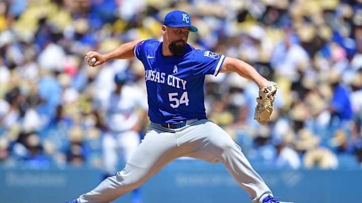 Kansas City Royals pitcher Dan Altavilla (54) throws against the Los Angeles Dodgers during the seventh inning at Dodger Stadium on June 16.