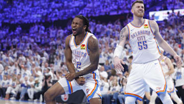 Apr 20, 2025; Oklahoma City, Oklahoma, USA; Oklahoma City Thunder guard Cason Wallace (22) celebrates after scoring against the Memphis Grizzlies during the second quarter at Paycom Center. Mandatory Credit: Alonzo Adams-Imagn Images